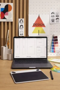 Investimento em branding: computador com wireframes e elementos de design